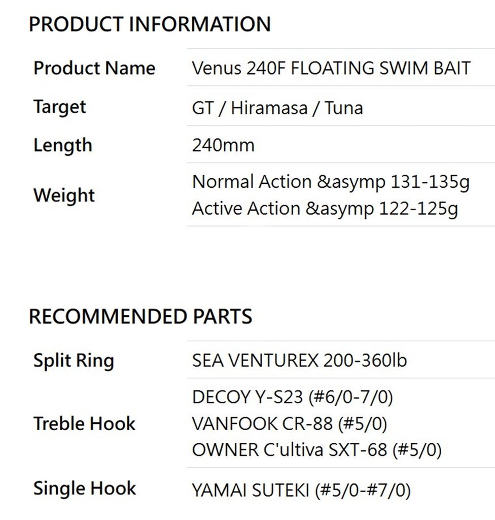 Sea VentureX Stickbait Venus 240F Normal Floating Lure 135g H Iwashi (0773)