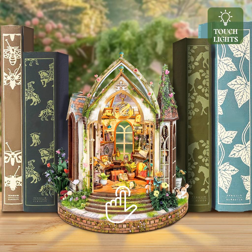 DIY Wooden Book Nook Dreamland Floral Studio Figurines Miniatures Bookend Handmade Bookshelf for Friends Gifts Home Decor Crafts