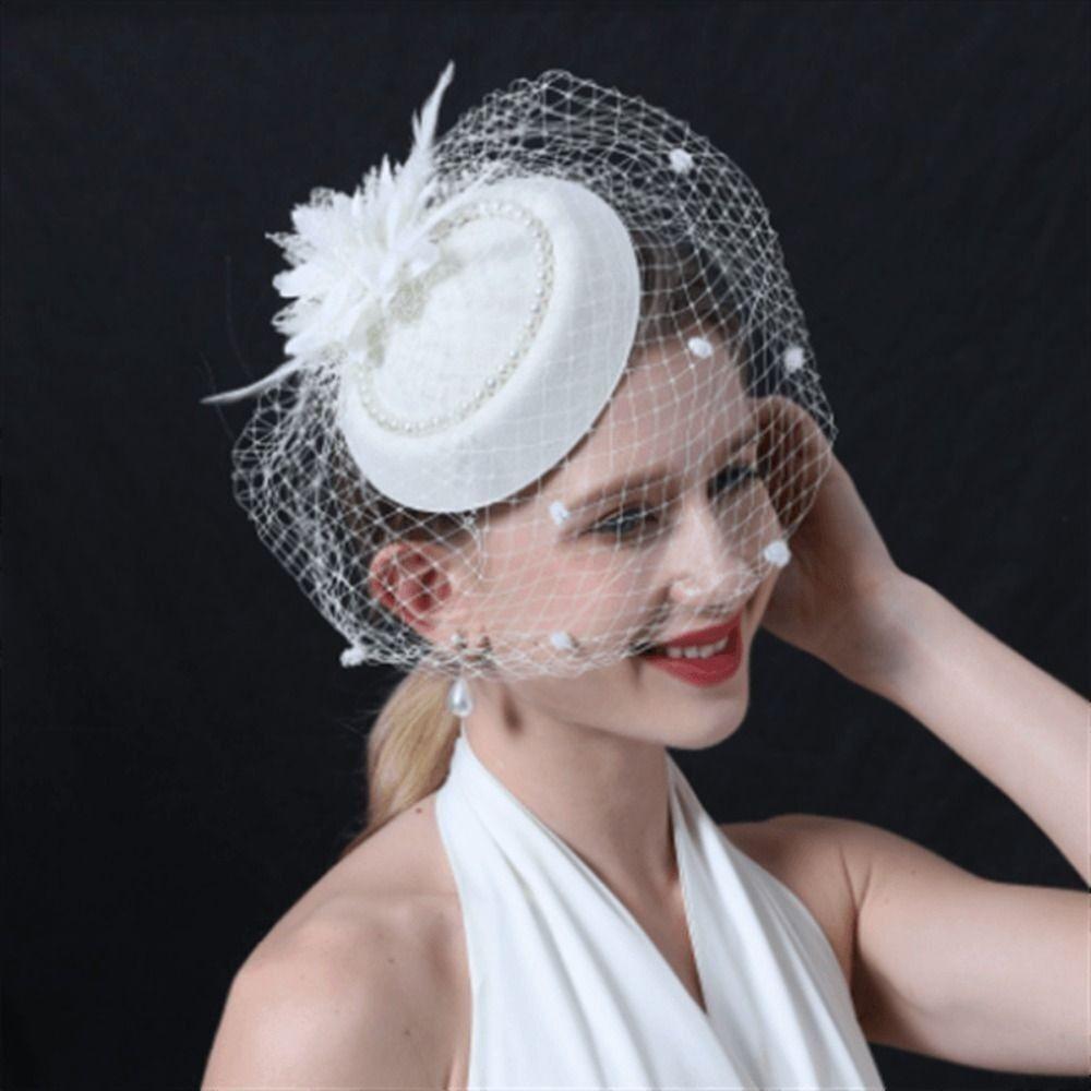 New Elegant Bridal Headwear Vintage Pearl Flower Wedding Veil Hat Temperament Mesh Pillbox Hats For Women
