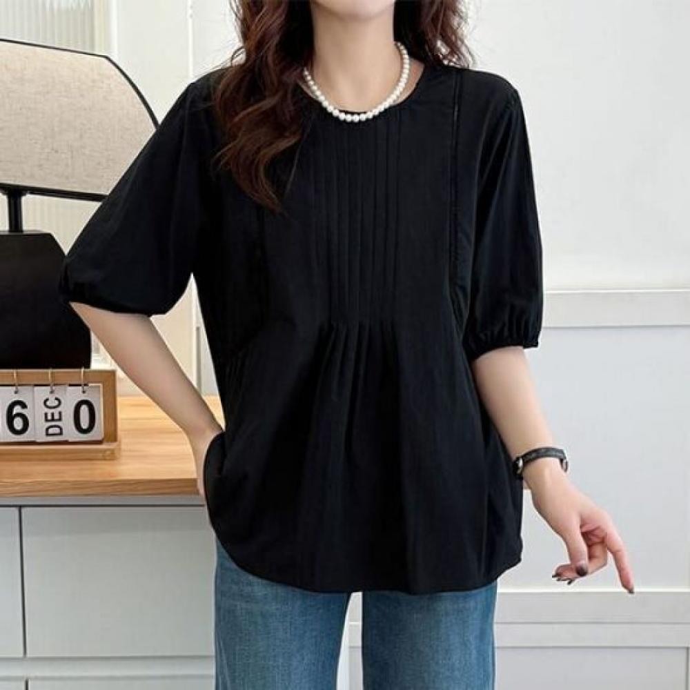 Navava Women Lovely Shirring Round Neck Short Sleeve Blouse Nb2672