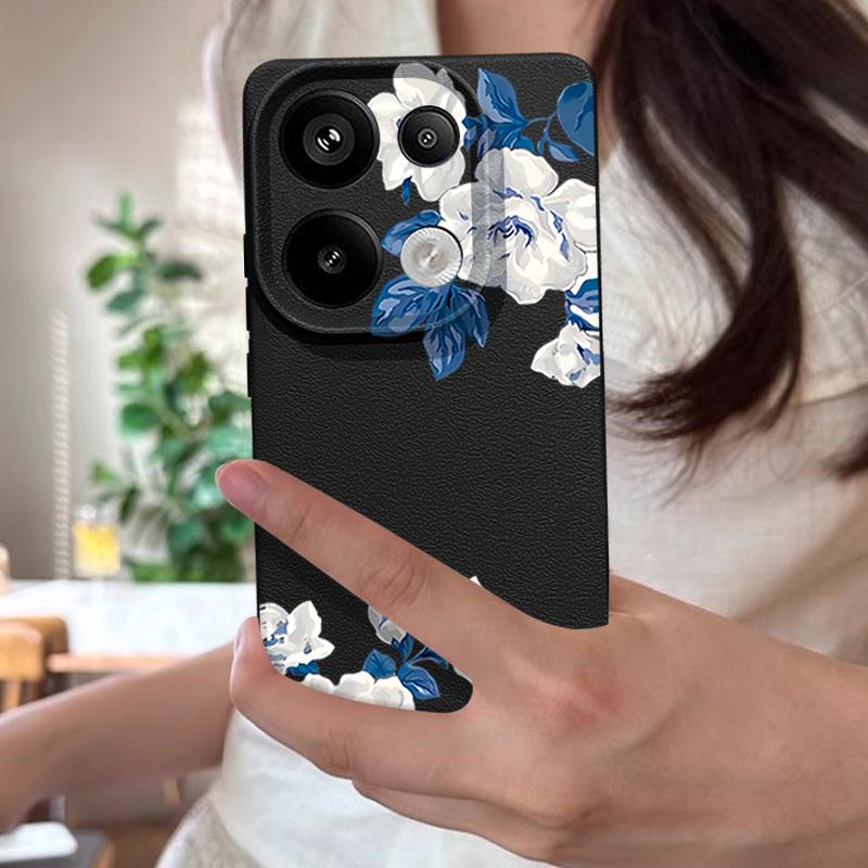White Gardenia Floral Pattern Case For Xiaomi 14T 13T 11T Pro Funda Redmi Note 14 13 12 11 Pro 5G 4G Leather Texture Silicone Cover