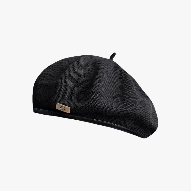 

Жіночий японський в язаний берет зі шкіряним козирком - Ретро капелюх художника, що омолоджує, для стрункішого вигляду Adjustable чорний