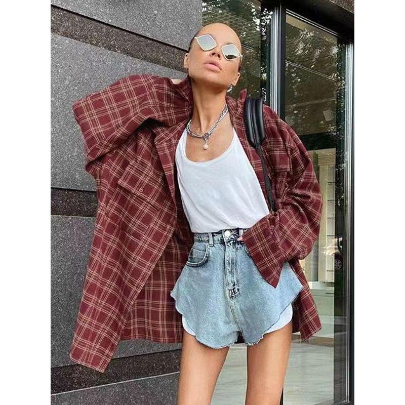 

New Arrival Retro Plaid Shirt Loose Long Sleeve Shirt Casual Loose Long Sleeve Shirt Red L