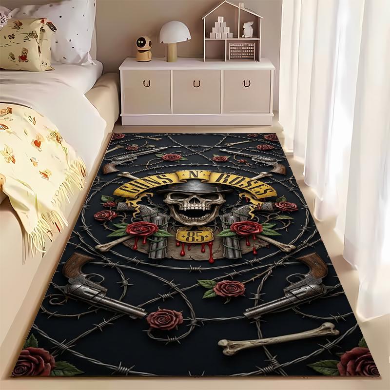 Area Rug, Guns N Roses Skull Top Hat Revolver Roses Barbed Wire 3D Art Print, Man Cave Decor, Non-Slip Mat