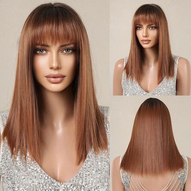 Peruci sintetice drepte maro închis de lungime medie cu breton pentru femei Perucă netedă cu aspect natural din fibră rezistentă la căldură
