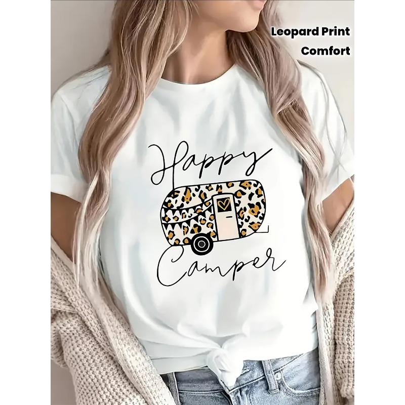 Leichtes und strapazierfähiges Kurzarm-T-Shirt mit fröhlichem Camper-Leopardenmuster, perfekt für Freizeitkleidung zu Hause, beim Camping,