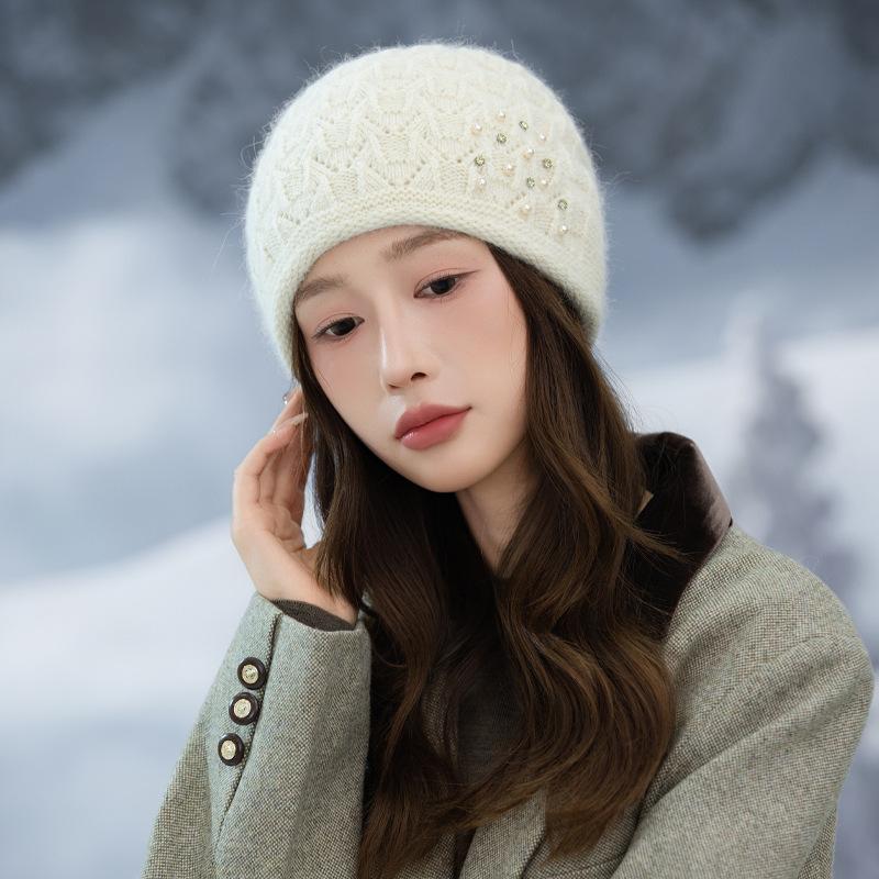 European and American Checked Pearl Dot Drill Rabbit Fur Pullover Hat Autumn and Winter Retro Versatile Wool Hat Outdoor Cold Warm Hat