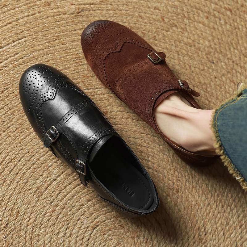 Krazing Pot Cow Skin Fashion Spring Autumn Low Heels metal buckle Oxford Shoes Women Round Toe Leisure Brogues flats