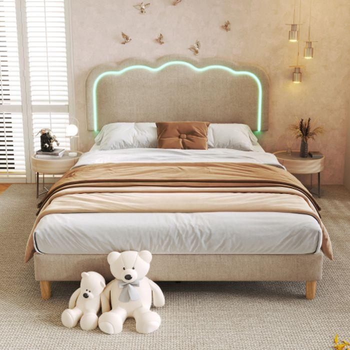 Lit Double - MUVOE - 140 X 200 Cm - Tête De Lit Réglable - LED - Beige En Lin