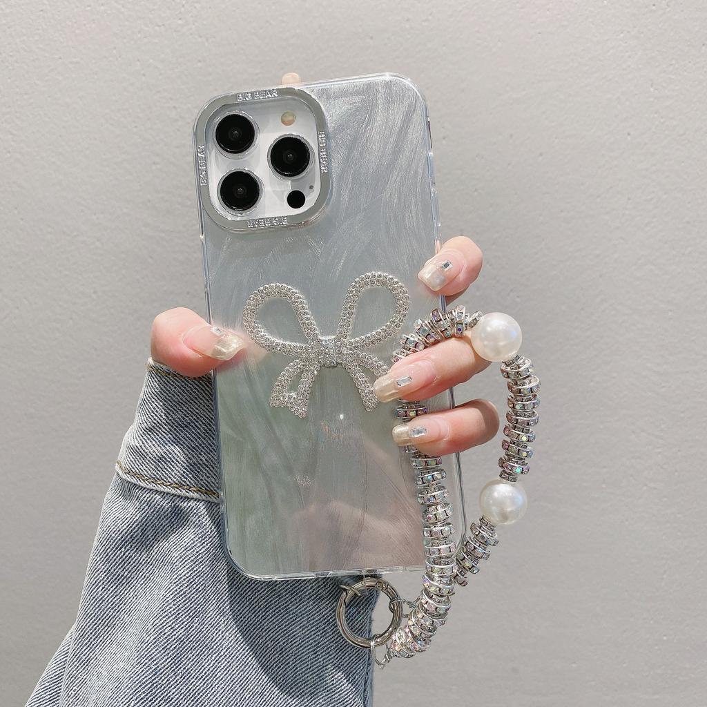 Feather Yarn Suitable for Iphone16 Bow Pearl Bracelet Mobile Phone Case Apple 14 High-end Sense 13 Love Protection Case