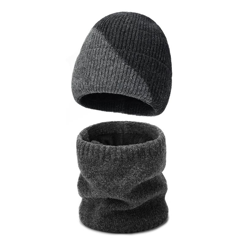 Winter Wool Hat Men Color-Matching Cashmere Knitted Hat Gloves Neck Set Three-Piece Thick Cold-Proof Cap