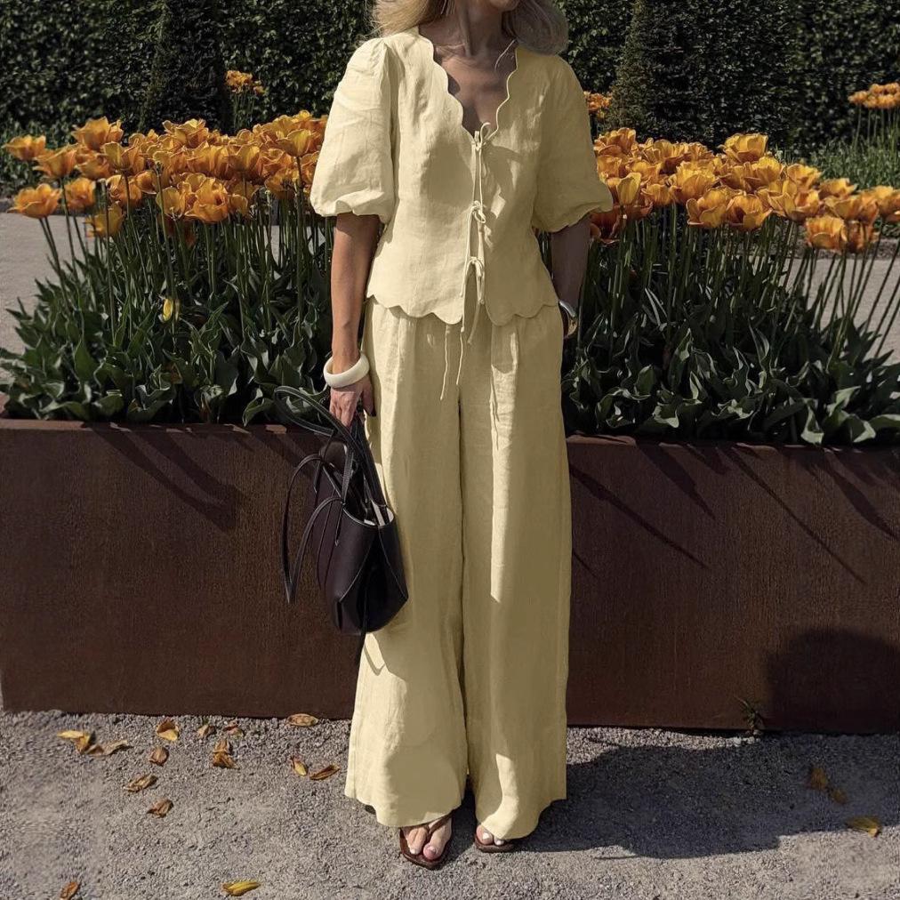 Europäisches und amerikanisches Damen 2025 Frühfrühlings Puffärmelhemd und Freizeithosenset