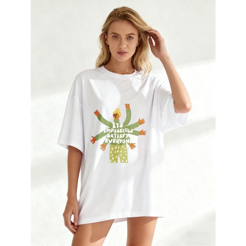 Oversized T Shirt Black Cartoon Woman With Multiple Arms And Text Its Impossible To Satisfy Everyone Casual Wear For Women