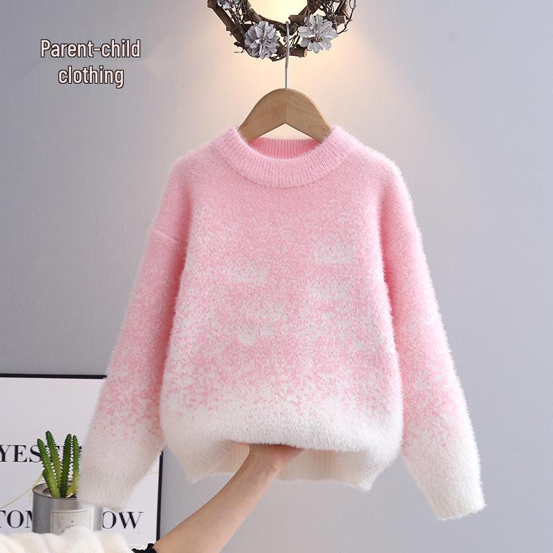 Starry Sky Pink Gradient Mother-Daughter Knit Sweater - 2023 Korean Style Loose Fit