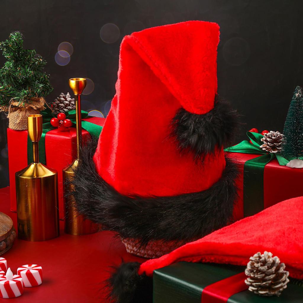 Red Christmas Hat for Adults - Plush Style with Black Brim, Holiday Costume Prop & Decoration, Cute Small Gift for Friends
