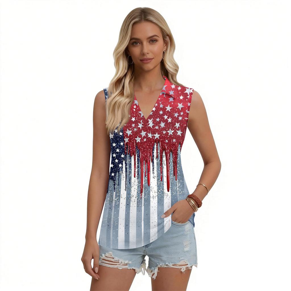 Womens Sleeveless Button Down V Neck Collared Top with Printed Pattern Casual Loose Fit Comfortable Tank Blouse for Summer