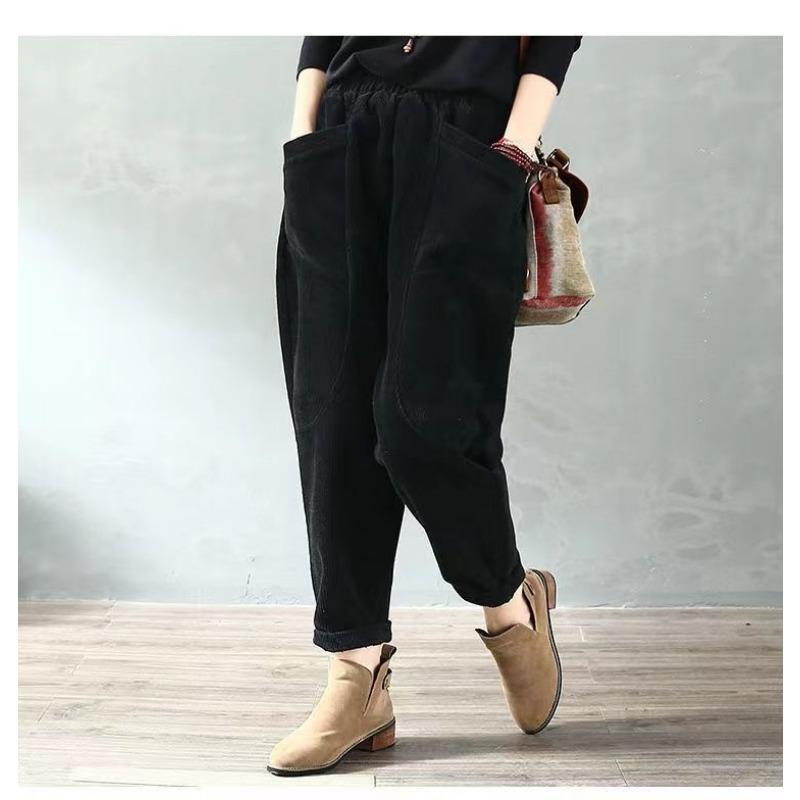 Autumn Winter Elastic Waist Solid Loose Causal Corduroy Harem Pants Women Pockets All-match Velvet Trousers