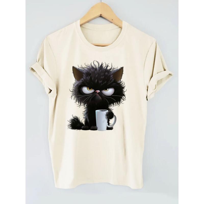 Cute Cat Water Cup Print Short-sleeved Round Neck T-shirt