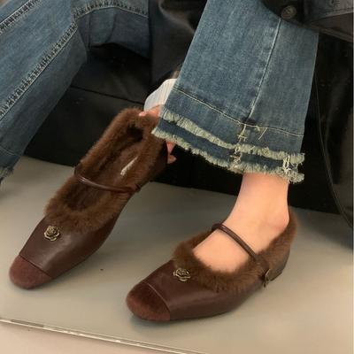 French Low-heeled Plush Shoes Mary Jane Single Shoes Women's Shoes 2025 New Autumn and Winter Warm Cotton Shoes Evening