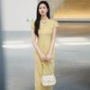 Yellow V-Neck Modern Chinese Style Long Cheongsam Dress Women 2026 Short Sleeve Elegant Daily Wear