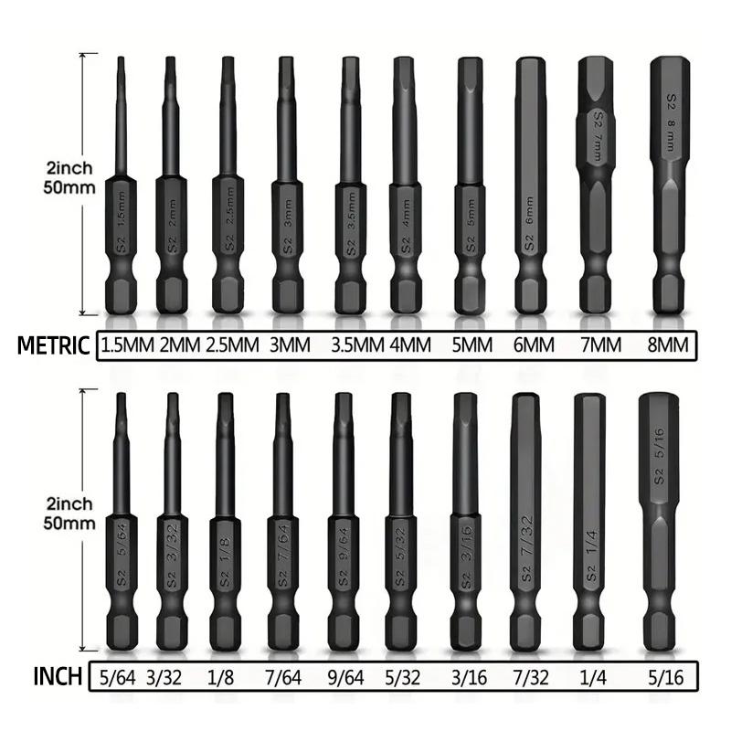 Hex Head Allen Wrench Screwdriver Bit SAE Metric 1/4" Hex Shank Magnetic Screw Driver Bit S2 Steel Electric Drill Hand Tools