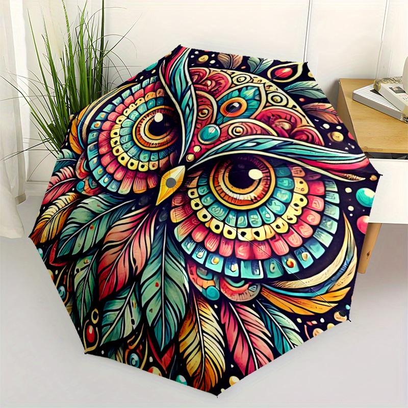 1pc Owl Mandala Automatic Open/Close Umbrella with Windproof, Functional Design, 8-Rib Sturdy Canopy