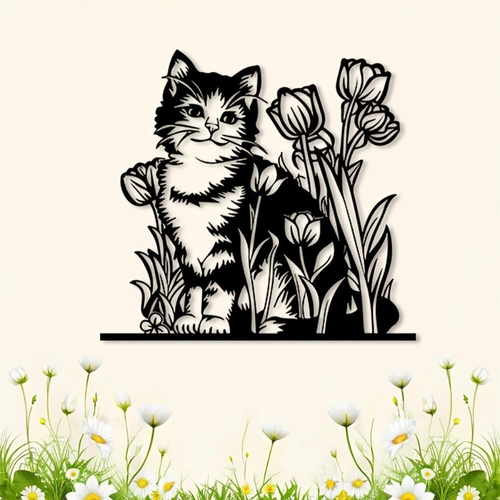 Vintage Iron Cat and Tulip Garden Wall Decor Sculpture Gift