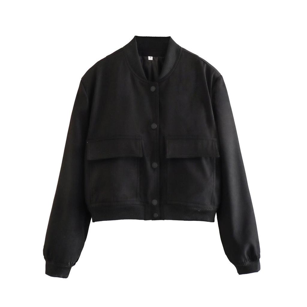 2023 Spring European & American Y2K Stand-up Collar Double Pocket Solid Motorcycle Bomber Jacket