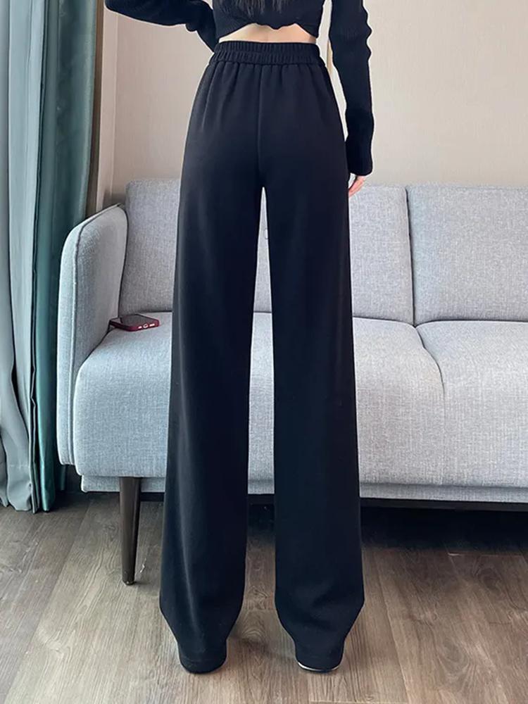Thicke Loose High Waist Wide Leg Pants Winter Warm Solid Elegant Straight Pantalones Trousers Office Lady Casual Sweatpants New