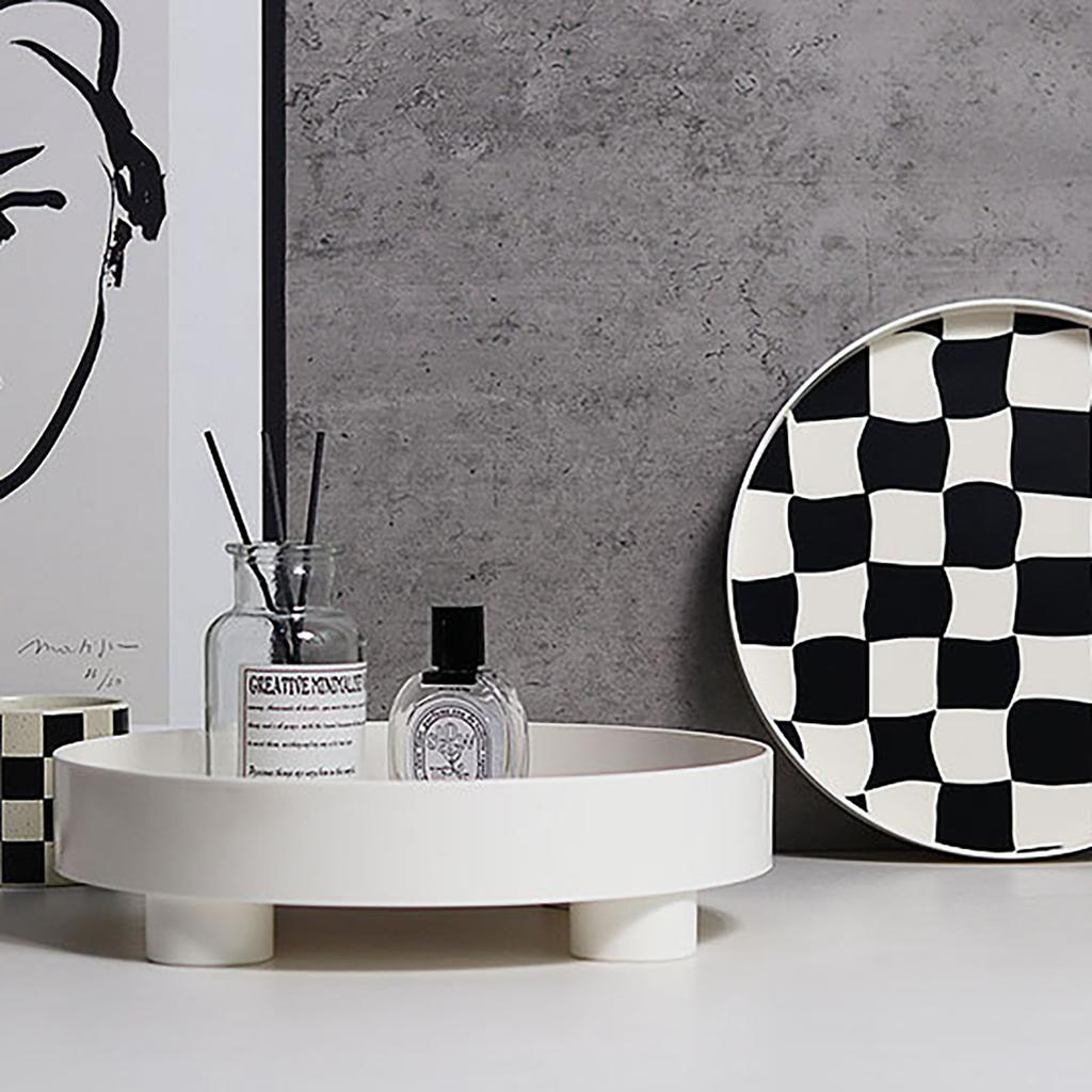 Round Storage Organizer Tray Checkerboard Design Plate Container Tray for Fruit Perfume Jewelry White, Small