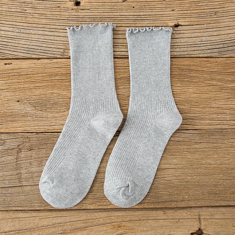 Women Solid Color Frily Ruffle Socks Harajuku Retro Streetwear Breathable Cotton Socks Girl Japanese Kawaii CuteBlack White Sox