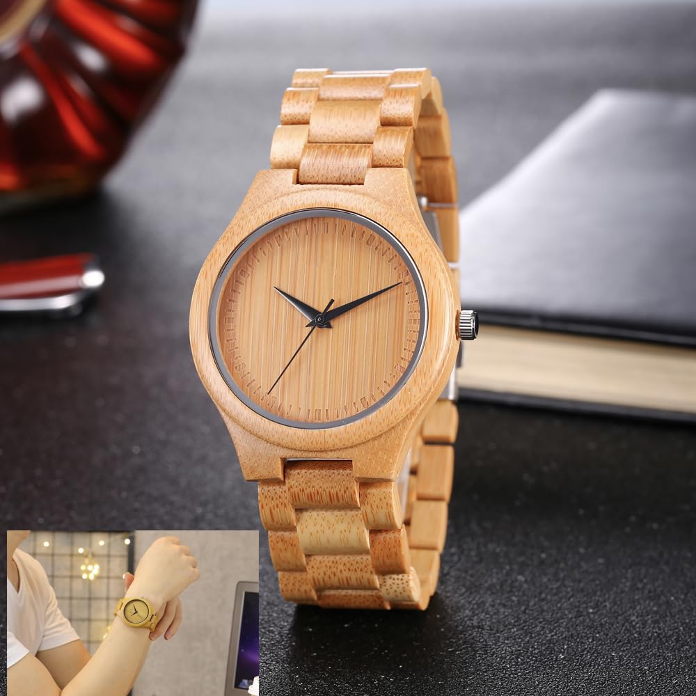 Lightweight Bamboo Wood Quartz Watch with Analog Japanese Simple Mineral Mirrored Adjustable Unisex Wood Original Hands, Movement, Dial, Glass,