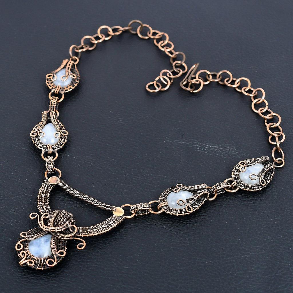 Rainbow Moonstone Necklace Gemstone Jewelry, 999 Copper Wire Wrapped Necklace, Adjustable Handmade Beautiful Jewelry Chain Necklace
