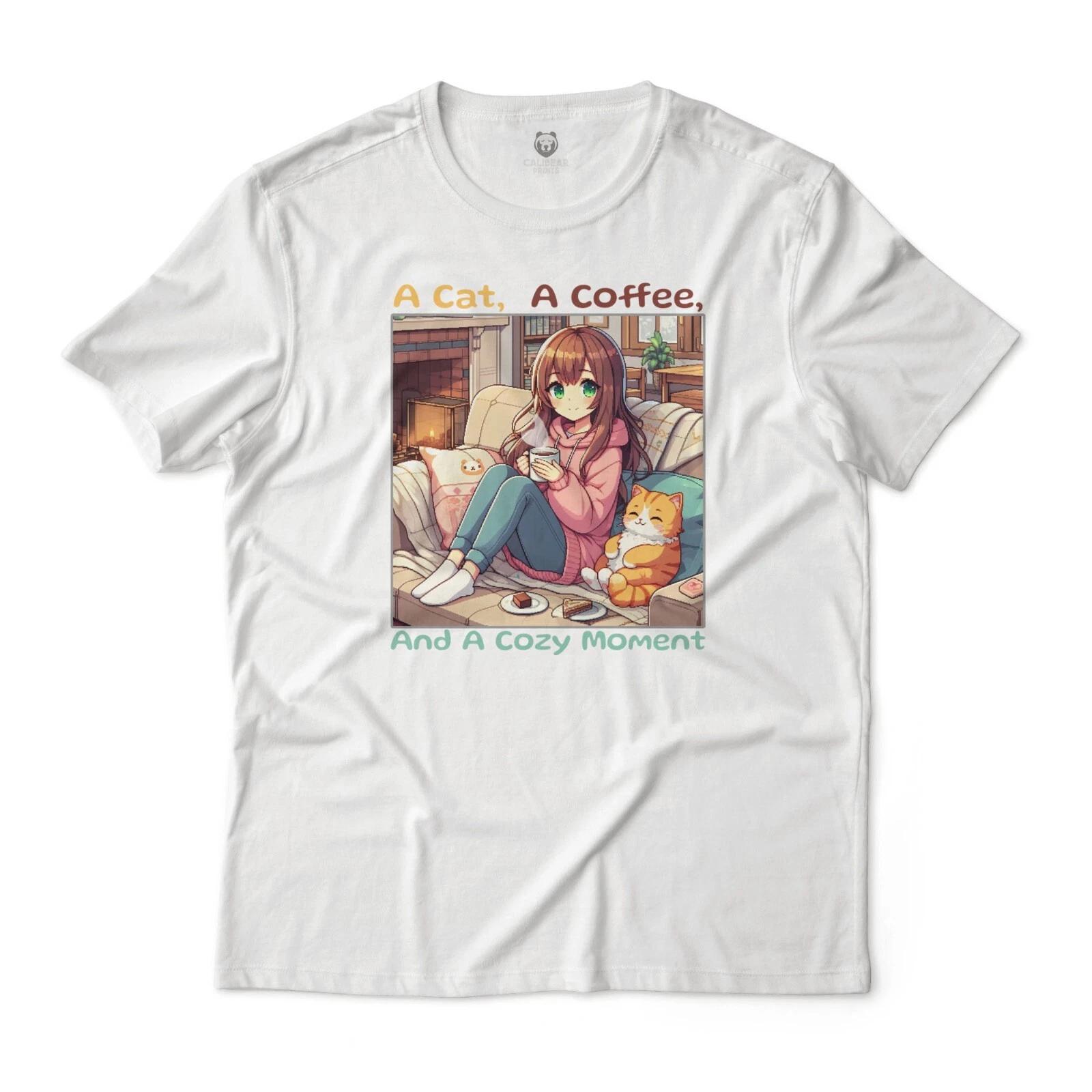 Cozy Moments, Cat & Coffee Anime inspired Graphic Tee M