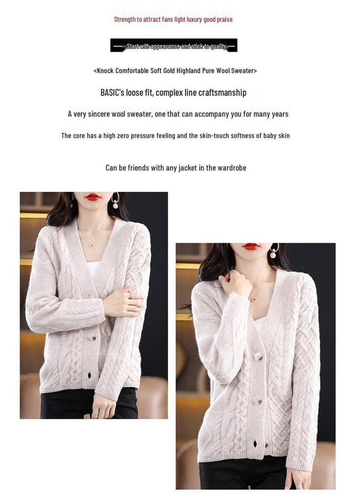 Stylish Retro V-neck 100% Pure Wool Cable Knit Cardigan Sweater