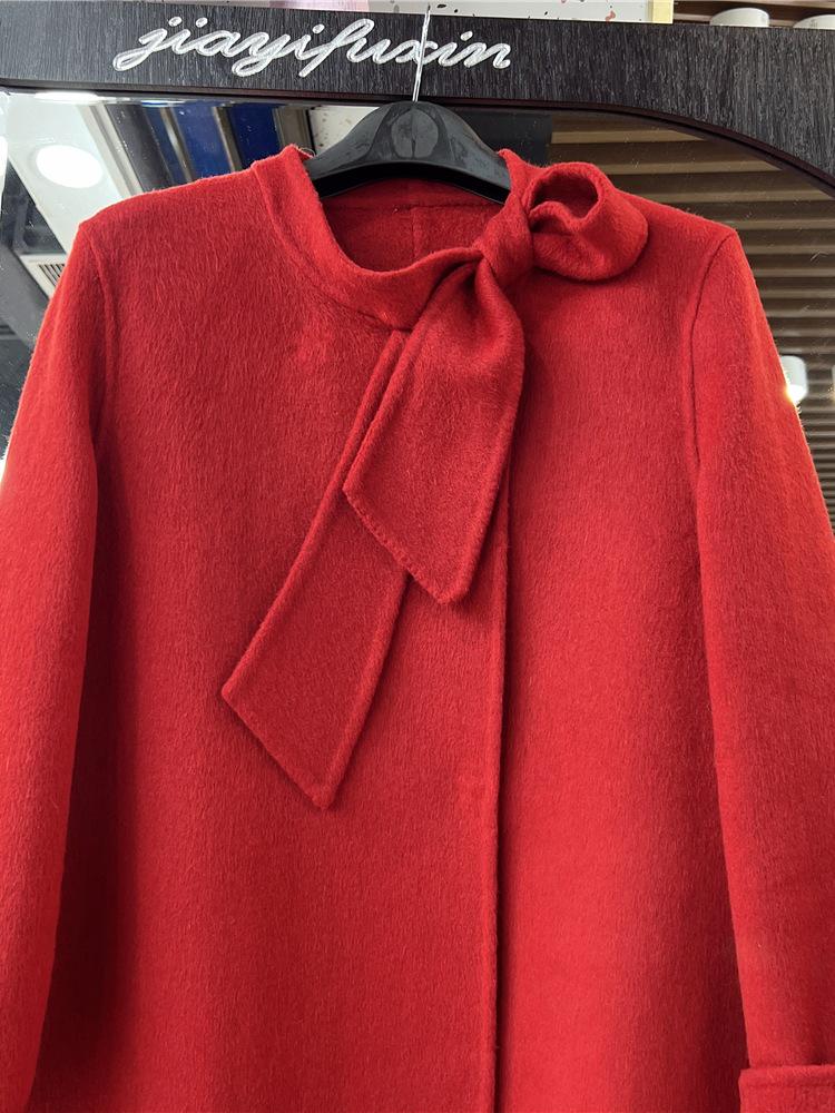 Women's Red Bow Ribbon Cashmere Coat - French Sweet Rich Girl Style, Double-Sided Woolen Petite Coat for New Year