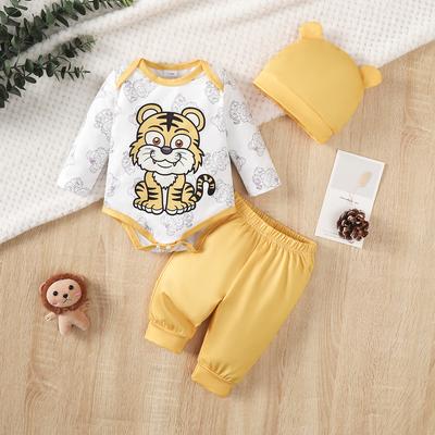 0-9 Months Long Sleeved Baby Clothes Suit Tiger Cartoon Printed Top+Yellow Pants+Cute Hat 3PCS Newborn Baby Boy Jumpsuit Costume