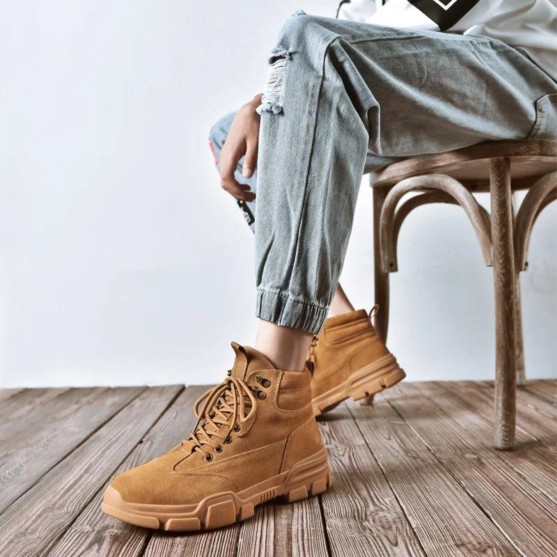 

Retro Platform Boots Men Black High Top Warm shoes Boots Leather Breathable Comfortable Tooling Shoes Male Desert Boot