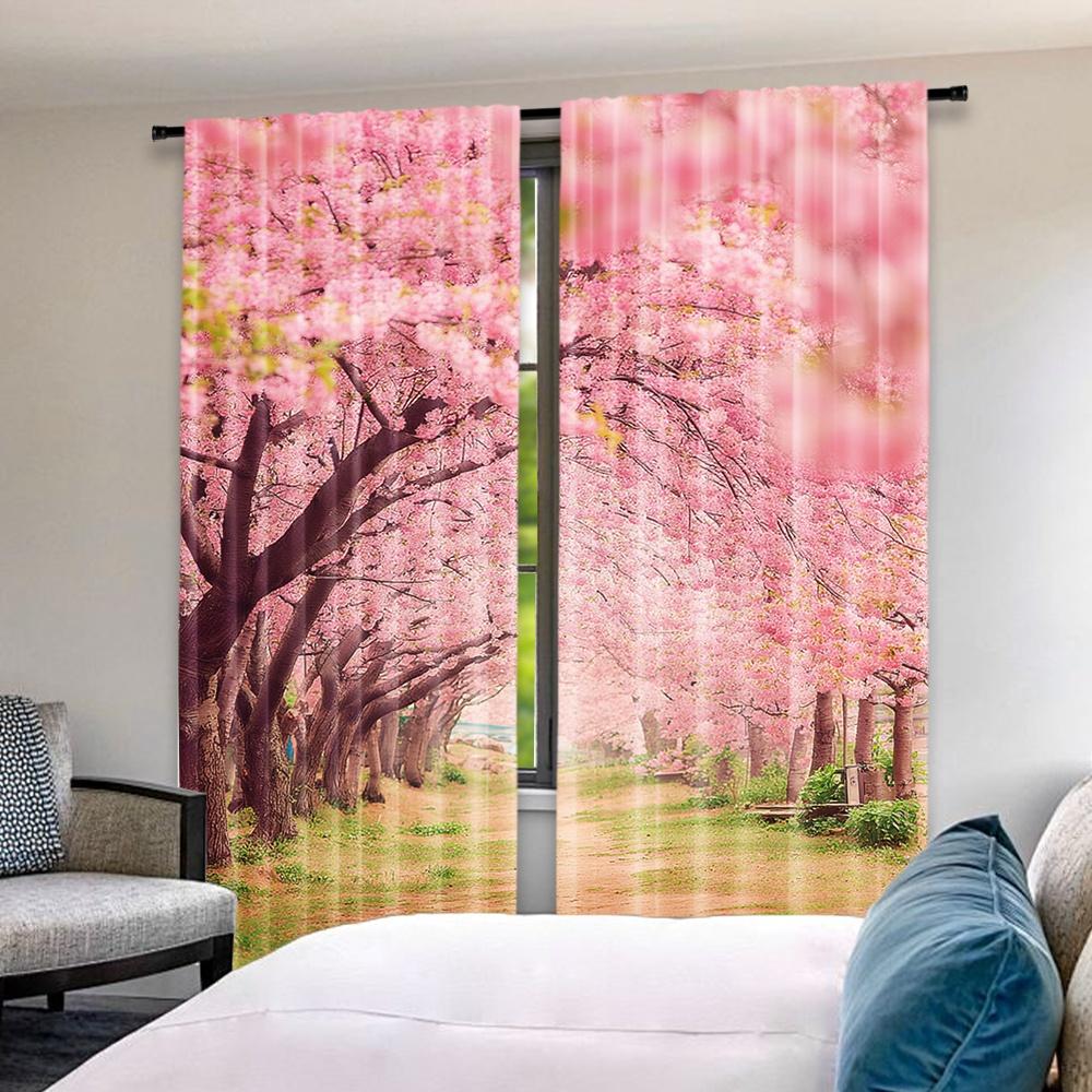 2pcs 2D flat printing Party Window Curtains Cherry Blossom Tunnel Path Polyester Without Electricity Family Party for Outdoor