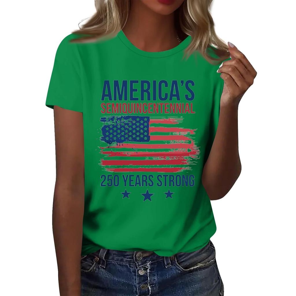 Women's Casual Short Sleeve Graphic T Shirt Crew Neck Top America Semiquincentennial 250 Years Strong Print Tee