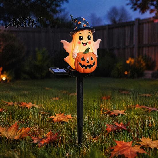 Outdoor Halloween Yard Decorations Solar Ghost Pumpkin Stake Light, LED Auto Light Sensor Garden Lamp, Waterproof Cute Lawn Ornament Decorative Ground