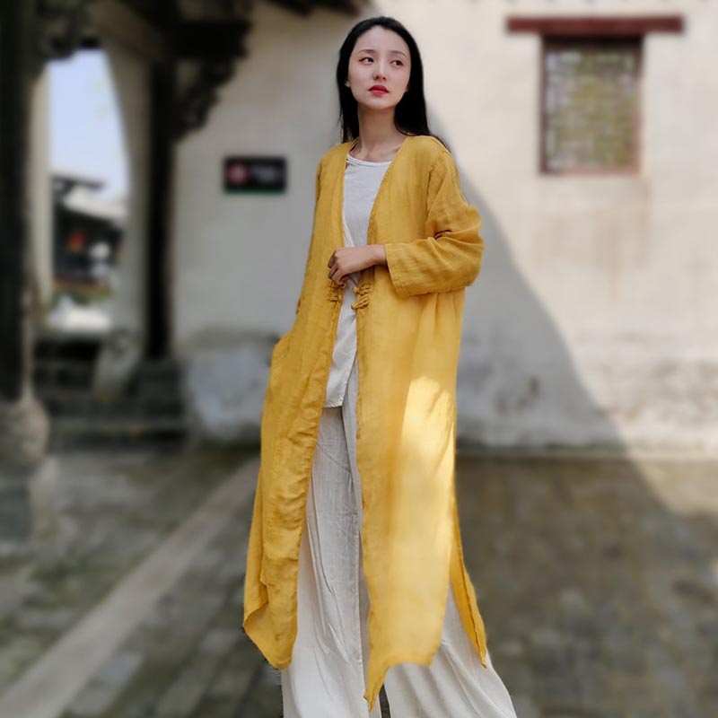 

Johnature: весна-лето, женское модное винтажное однотонное повседневное длинное пальто, хлопковое пальто с длинным рукавом и v-образным вырезом One Size жёлтый