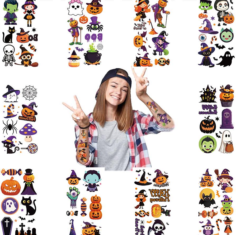 

10sheet Halloween Temporary Tattoos Cartoon Pumpkin Ghost Zombie Bat Spider Witch Cat Design Fake Tattoo Halloween Festive decor