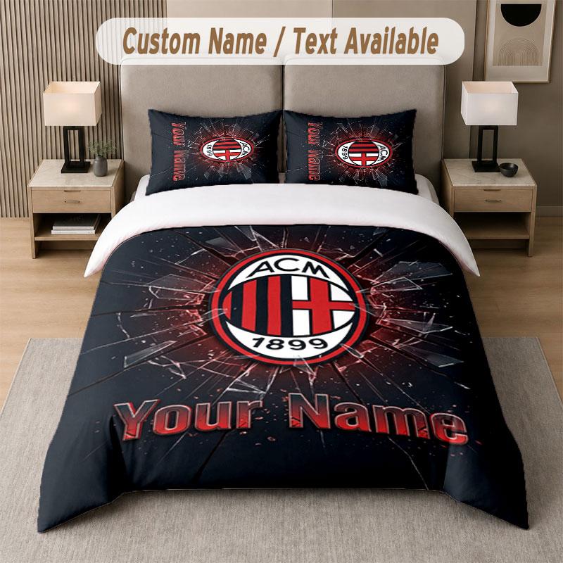 Set Biancheria da Letto Personalizzato Motivo AC Milan, Stampa Nome Testo 1 Copripiumino più 2 Federe Tessile per la Casa