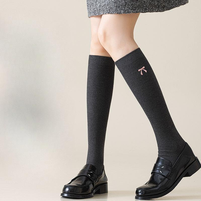 Calf Socks, Women's Embroidered Bow Socks, Spring and Autumn Ballet Style Long Stockings, Double-needle Cotton