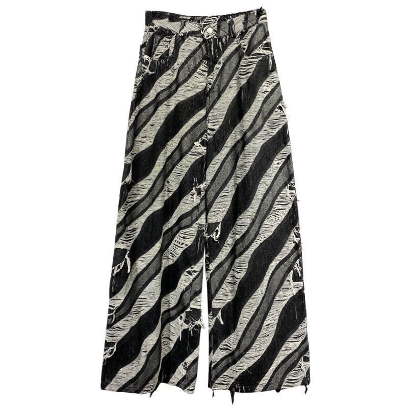Plus Size Cool Color - Blocked and Raw - Edge Design Jeans for Women - Niche Loose - Fit Slimming Wide - Leg Floor - Length Trousers