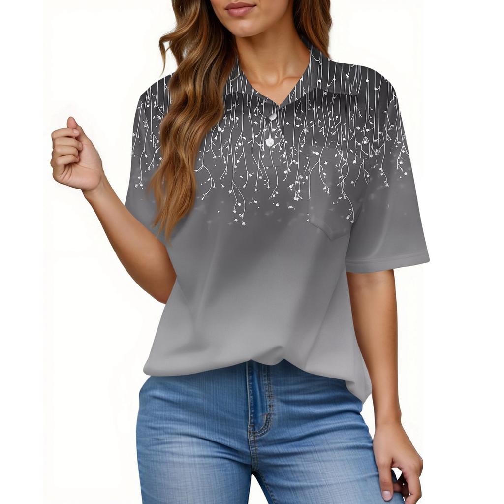 Damenmode Lässig Knopf Tasche Hemd Kurze Ärmel Druck Revers Oberteil