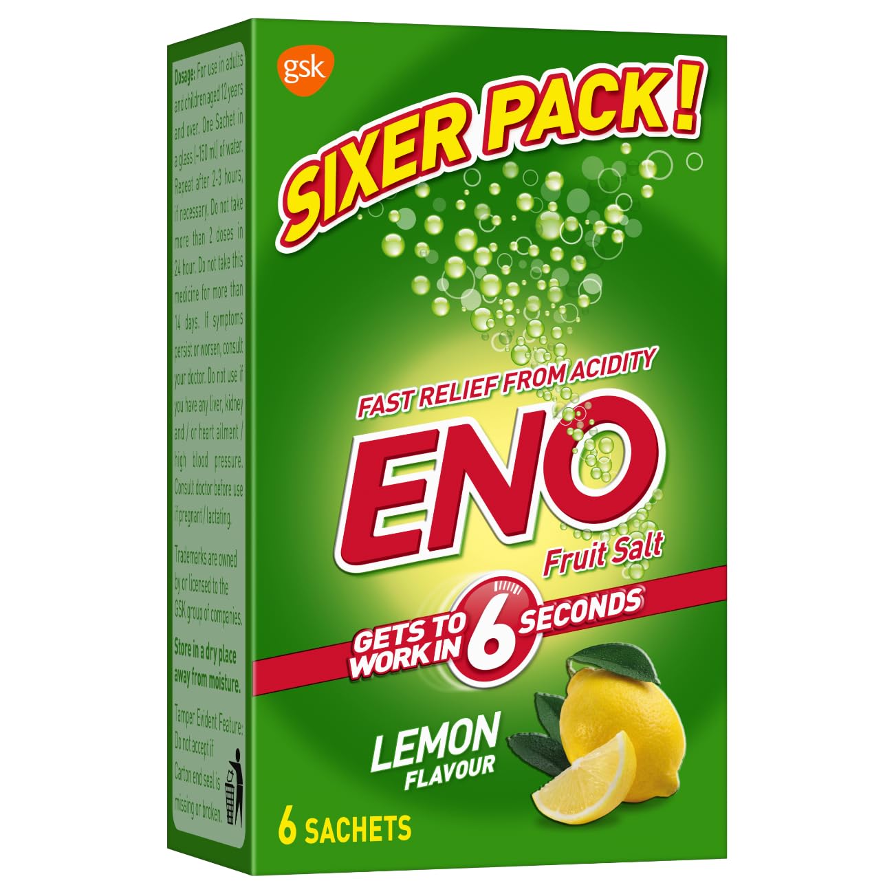 

Eno Lemon Пищевая фруктовая соль Мультиупаковка 30 г Каждый пакет Упаковка из 6 штук Для быстрого облегчения при кислотности, вздутии живота, изжоге, расстройстве пищеварения, дискомфорте