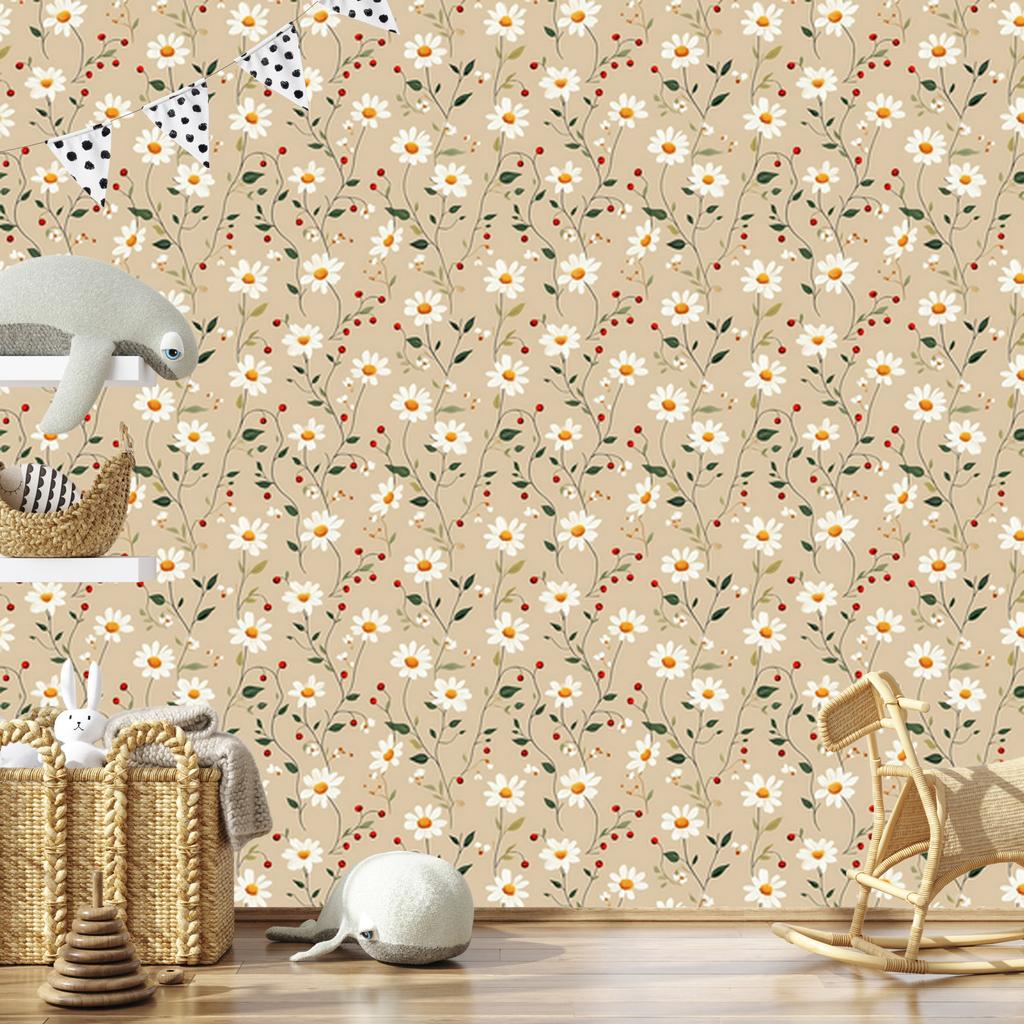 Daisy Wallpaper Beige, Cream and White for Living Room and Bedroom 50x1000