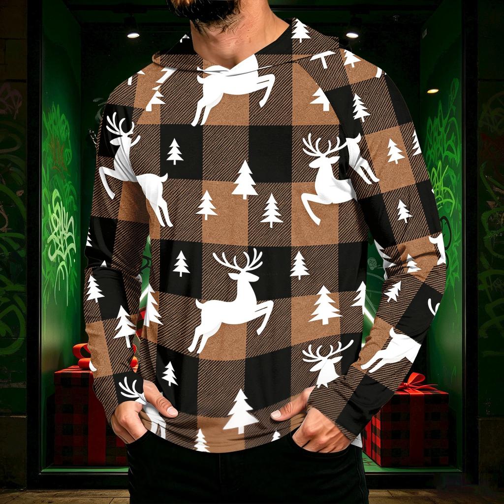 Men's Long Sleeve Hooded Sun Shirt with Christmas Print